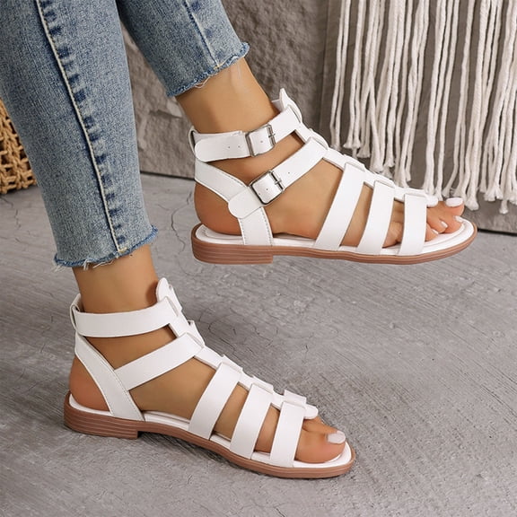 THDHVS Flat Sandals for Women,Sandals Women,Comfortable Slip-on Elastic ankle strap Slingback Light Weight Casual Walking Sandals White 7.5