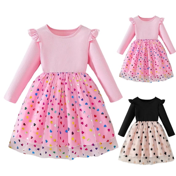 THDHVS Flower Girl Dress,Girls Star Print Ruffle Sleeve Dress Round Neck Mesh Tutu Hem Princess Party Formal,Girls' Dresses 7-8 Years