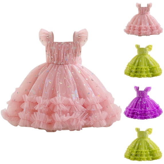 THDHVS Flower Girl Dress,Sequin Mesh Flutter Sleeve Short Sleeve Dress Princess Gown for Girls Host Evening Performance,Dresses for Girls Green 6-9 Months
