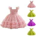 thumbnail image 1 of THDHVS Flower Girl Dress,Sequin Mesh Flutter Sleeve Short Sleeve Dress Princess Gown for Girls Host Evening Performance,Dresses for Girls Purple 12-18 Months, 1 of 8