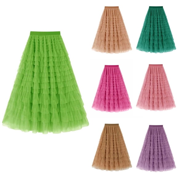 THDHVS Flowy Skirt,Women Fashion Solid Bohemian Mesh Midi Skirt Elastic High Waisted Flowy Summer Long Skirt,Long Skirts for Women