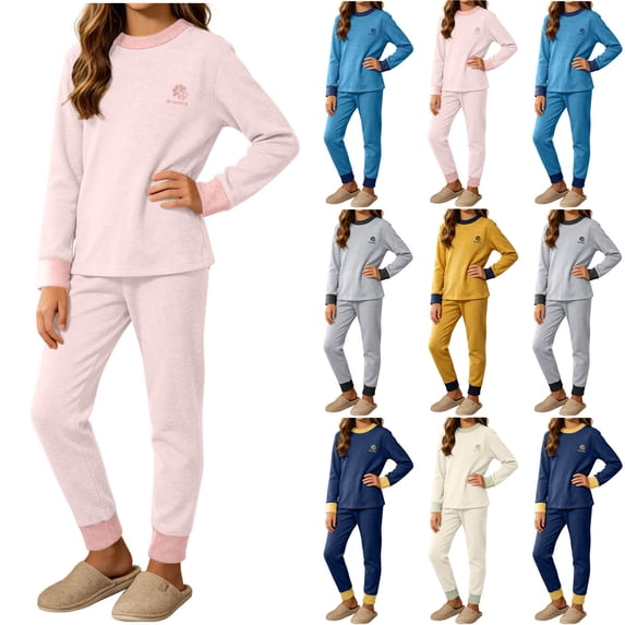 THDHVS Girls 2 Piece Outfits,Unisex Youth Colorblock Ribbed Long Sleeve Top Patch Cuffed Jogger Pants Pajama 2 Piece Set,Girls Fall Outfits Gray 13-14 Years