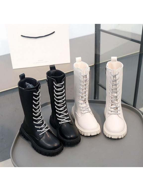 Girls Boots,Girls Crystal Embellished Boots with Lace-Up and Zipper Combination Dressy Long Boots for Special Occasion and Photo Shoots Black 4-4.5 Years
