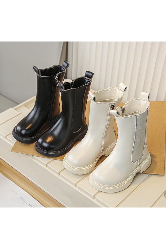 Girls Boots, Zipper Mid calf Leather Boots for Older Kid Fashion Student Boots for Little Girls Princess Style Long Boots Casual and Easy matching Black