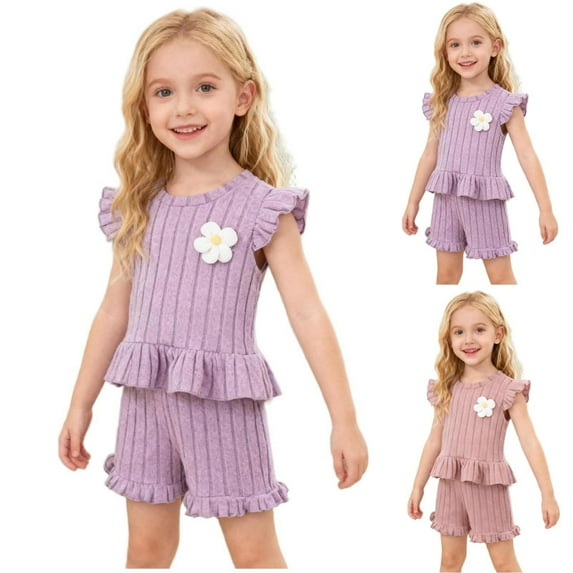 THDHVS Girls' Clothing Sets,Outfits for Girls,Small Floral Flutter Sleeve 2 Piece Set for Kids Summer Casual Outfit Ribbed Knit and Playful Style 4-5 Years