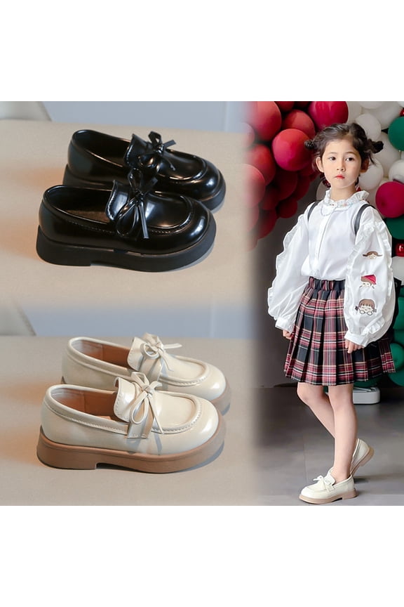 Girls Dress Shoes,Shoes for Girls,Kid's Comfortable British Leather Shoes Solid Color Bowknot One-Foot Flat Soft-Sole Loafers Beige 2-2.5 Years