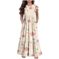 thumbnail image 1 of THDHVS Girls Dresses Kids Summer Ruffle Short Sleeve Crew Neck Floral Casual Flowy Tiered Maxi Dress with Pockets for 6-12 Years, 1 of 5