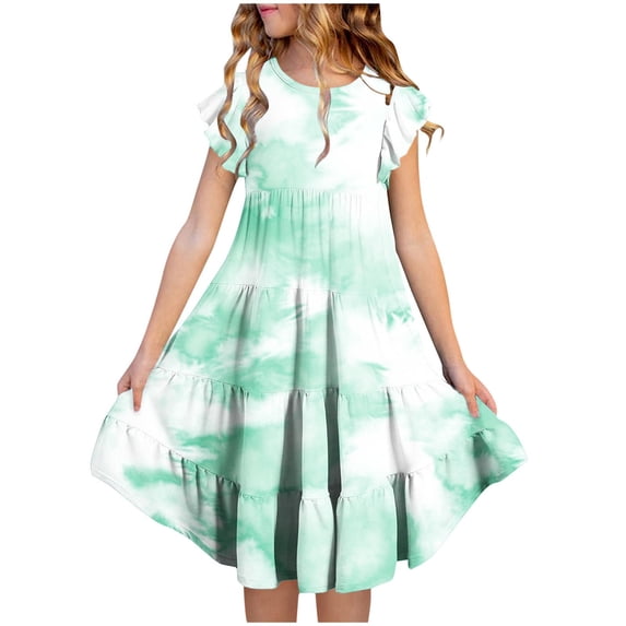 THDHVS Girls Dresses,Tie Dye Print Tiered Dress with Flutter Sleeves for Girls Summer Wear,Dresses for Girls Mint Green
