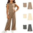 thumbnail image 1 of THDHVS Girls Fall Outfits,Girls Ribbed Sleeveless Round Neck Top Wide Leg Pants Summer Stretchy Casual 2 Piece Set,Toddler Girl Outfits Khaki 5-7 Years, 1 of 8