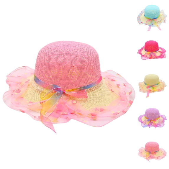 THDHVS Girls Hat,Wide Brim Straw Sun Hat Cute Style UPF Breathable Outdoor Beach Summer Hat for Kids Random Accessories Color,Kids Hat Blue Free Size