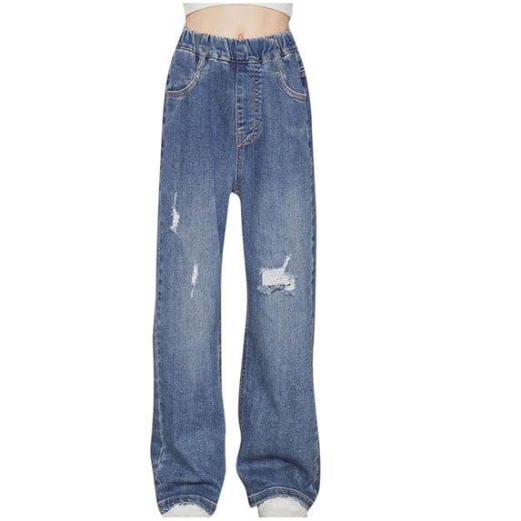 THDHVS Girls Jeans,Girls Ripped Wide Leg Jeans Distressed with Pockets,Baggy Jeans for Girls Blue 9-10 Years