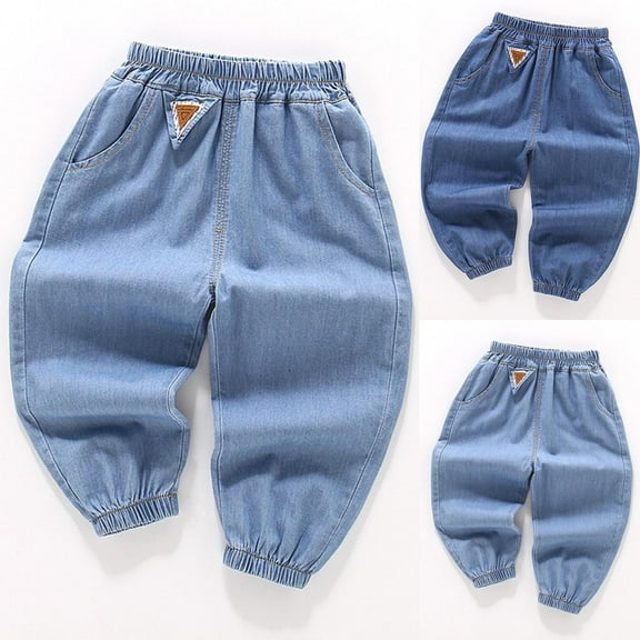 THDHVS Girls Jeans,Jeans for Girls,Fashion Small Tag Pocket Waist Leg Strap Denim Pants Light Blue 3-4 Years