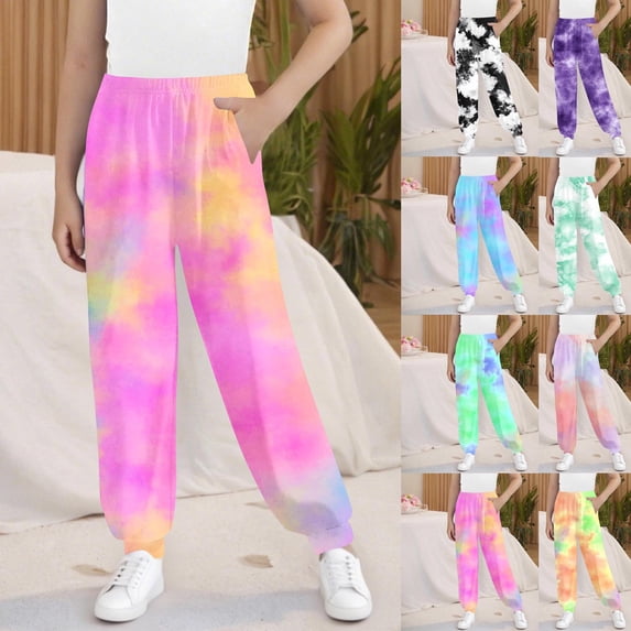 THDHVS Girls Joggers,Kids Tie Dye Jogger Pants Elastic Cuff with Pockets,Pants for Girls Pink 14-15 Years