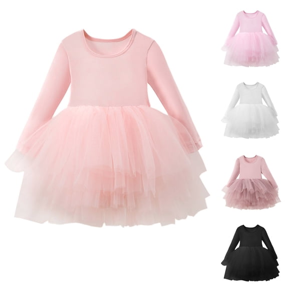 THDHVS Girls Long Sleeve Dress,Classic Solid Color Long Sleeve Leotard Dress with Tulle Skirt for Dance Class and Practice,White Dress for Girls White
