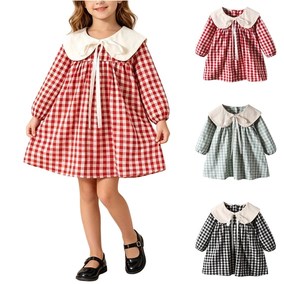 THDHVS Girls Long Sleeve Dress,Girls Plaid Tie Neck Notched Lapel Dress Puff Long Sleeve A Line Spring Fall Travel Princess,Little Girl Dresses 2-3 Years