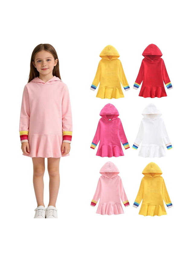 Girls Long Sleeve Dress,Solid Color Long Sleeve Hooded Dress Casual Style for Girls Back to School Season Daily Wear,Dresses for Girls Hot Pink 7-8 Years