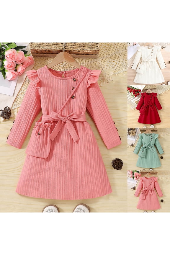 Girls Long Sleeve Dress,Tweed Inspired Solid Color Dress with Lace Trim Waist Bow and Matching Bag for Girls Fall,Dresses for Girls Pink