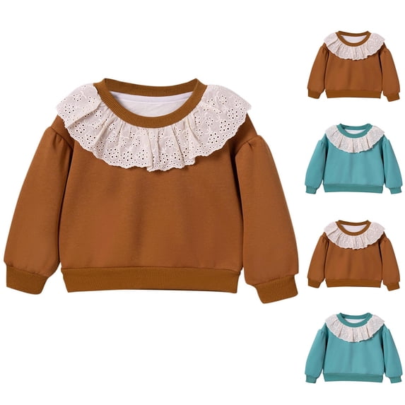 THDHVS Girls Long Sleeve Shirts,Fall and Winter Girls' Solid Color Long sleeve Round Neck Doll Collar with Warm Lace Lace Lace Hoodie Casual Cute Top Long sleeve Lapel Top/shirt Blue 5-6 Years