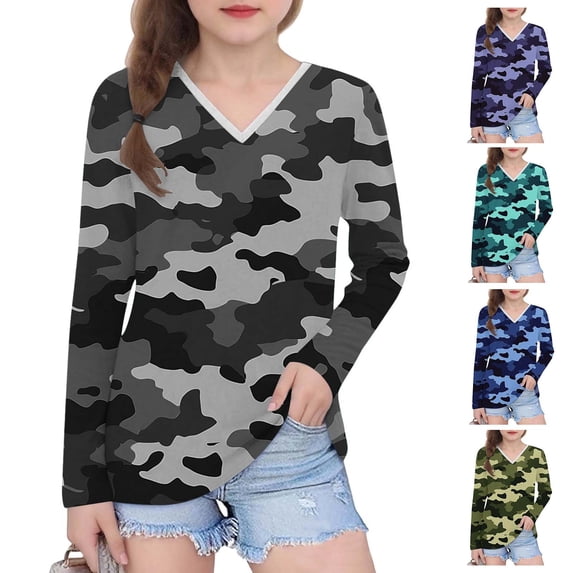 THDHVS Girls Long Sleeve Shirts,Long Sleeve Shirts for Girls,Girls' V-Neck Print Long-Sleeve Top Kids Pullover Casual Soft Undershirt Camouflage 11-12 Years