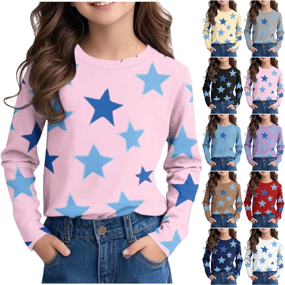 THDHVS Girls Long Sleeve Shirts,Shirts for Girls,Kids Star Print Long Sleeve Crewneck Tee Soft Cotton for Spring Layering Black 7-8 Years