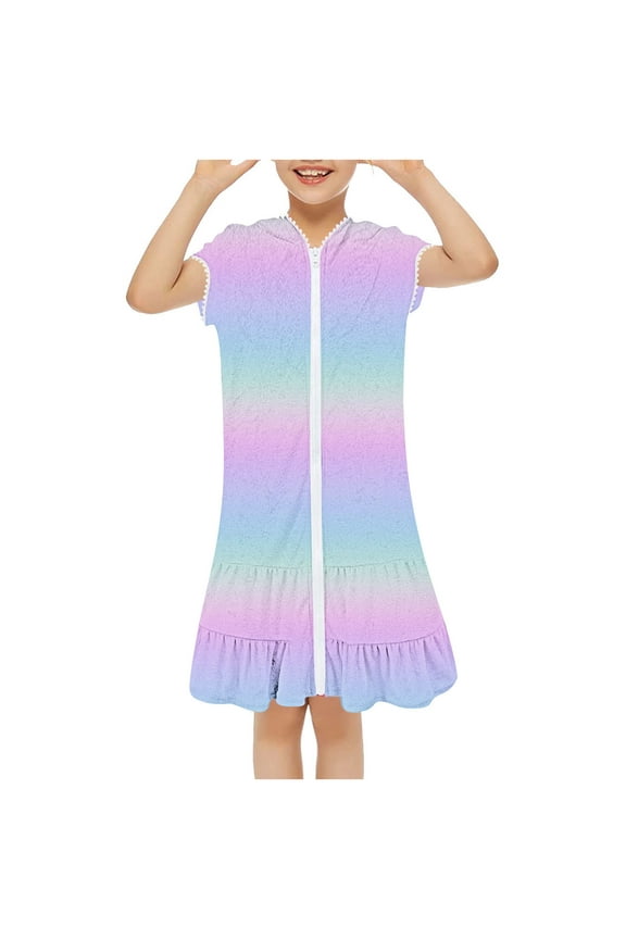 Girls One Piece Swimsuits,Bathing Suits for Girls,Swim Cover Up Robe Hooded Terry Cloth Zipper Beach Dress Multicolor