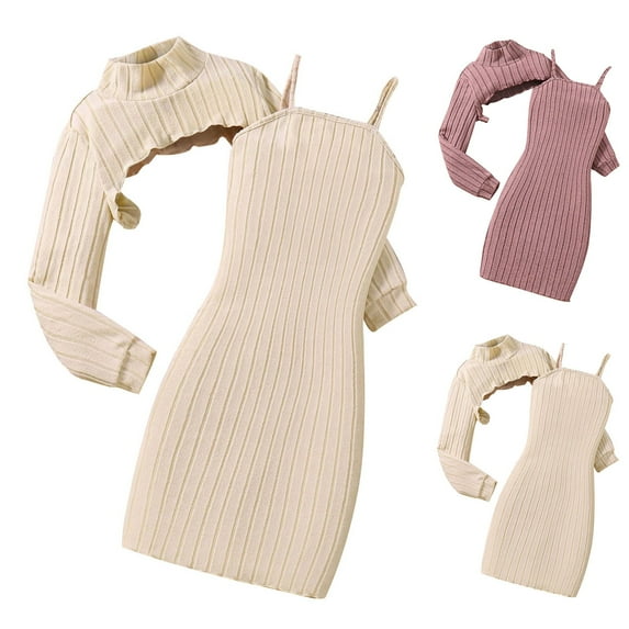 THDHVS Girls Outfits,Baby Girl Clothes,Girl's Solid Color Midi Neck Long Sleeve Short Top with Camisole Skirt Set Pink 8-9 Years