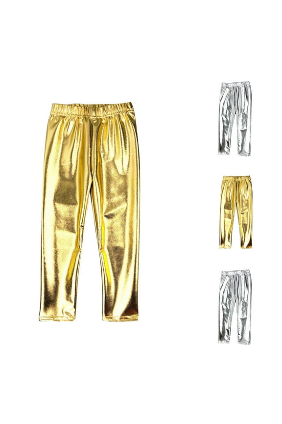 Girls Pants,Pants for Boys,Boys and Girls Shiny Hot Pants with Elastic Waist for Casual and Fashion Wear Solid Color Comfortable Fits Trousers Gold 2-3 Years