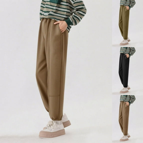 THDHVS Boys Pants,Kids Solid Color Elastic Waistband with Pockets Ankle Cuffs Mid Size Casual Pants Khaki