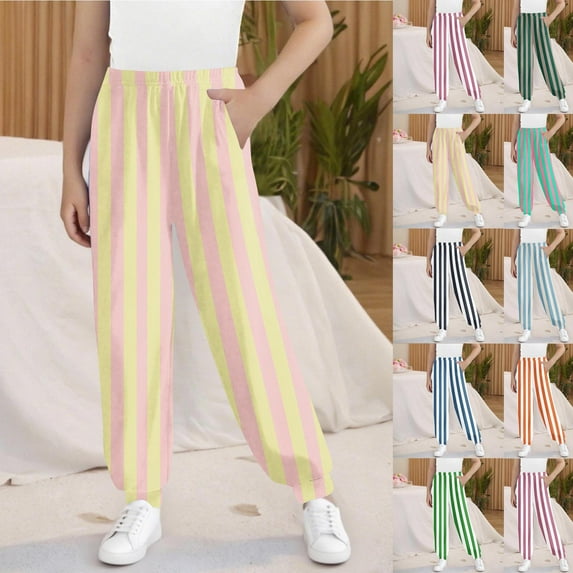 THDHVS Girls Pants,Pants for Boys,Kids Striped Print Elastic Waist Lounge Pants Comfortable Home Pants Army Green 7-8 Years