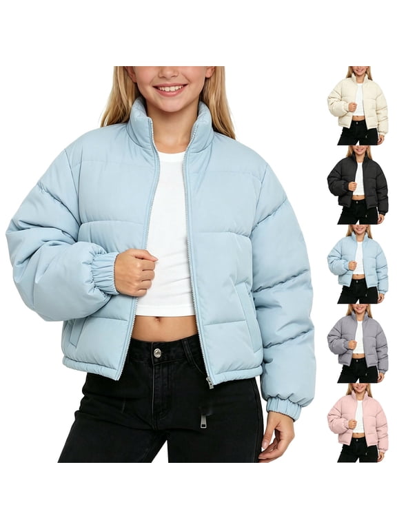 Girls Puffer Jacket,Unisex Kids Quilted Puffer Jacket Notched Lapel Full Zip Long Sleeve Winter Coat,Winter Coats for Girls Gray 13-14 Years