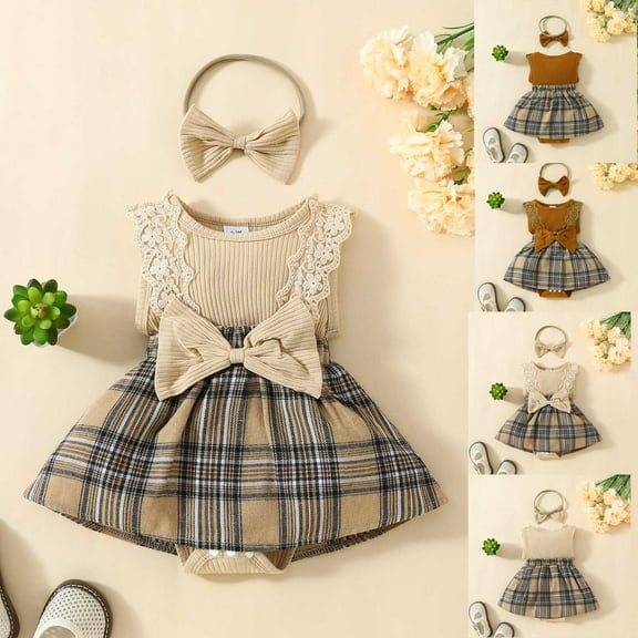 THDHVS Girls Romper,Newborn Girl Clothes,Newborn Girl Sleeveless Triangle Harvest Dress Bow Plaid Print Bodysuit with Hairband Two Piece Set White 3-6 Months
