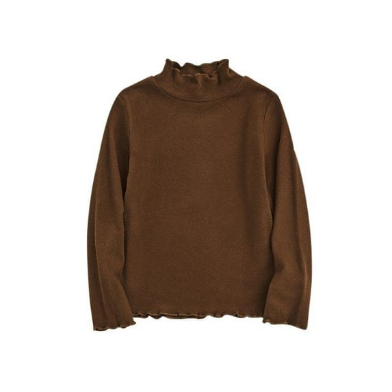 THDHVS Girls Shirts Children's Casual Loose Solid Color Lace Small High Neck Base Shirt Long Sleeve Round Neck Top Shirt 1-10 Years Coffee 140