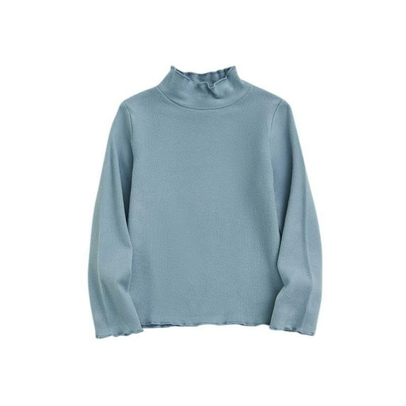 THDHVS Girls Shirts Children's Casual Loose Solid Color Lace Small High Neck Base Shirt Long Sleeve Round Neck Top Shirt 1-10 Years Sky Blue 140