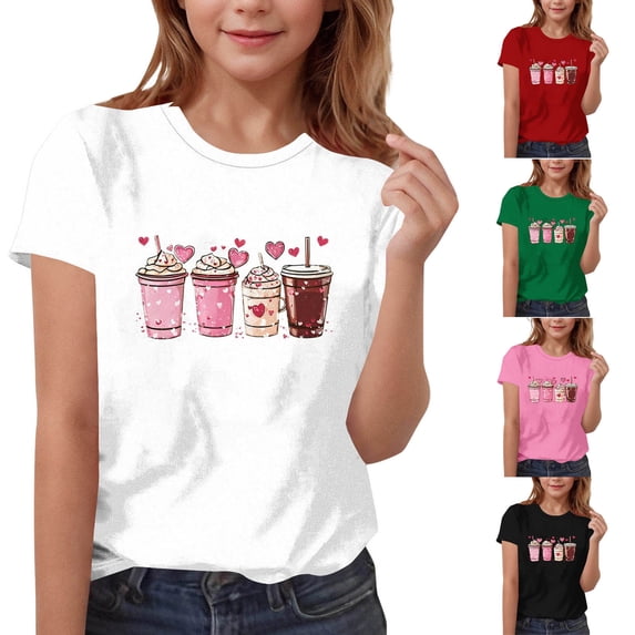 THDHVS Girls Shirts, Kids Fashion Heart Print Short Sleeve Tee for Holiday Parties Green 5-6 Years