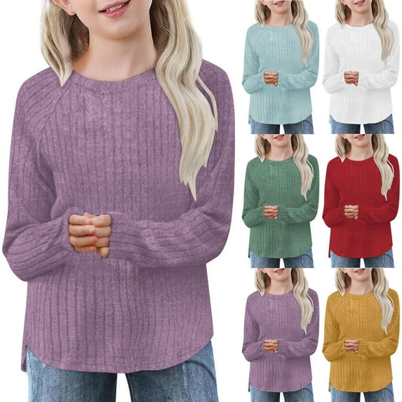 THDHVS Girls Shirts,Shirts for Girls,Casual Long Sleeve T Shirts for Girls Soft Solid Round Neck Tshirt for Kids White 13-14 Years