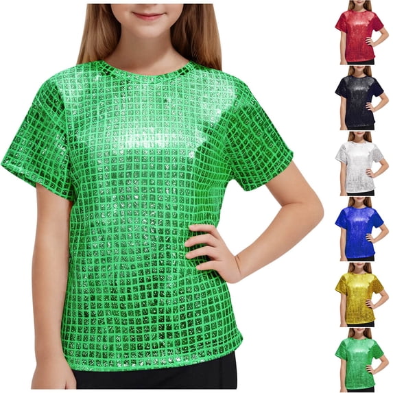 THDHVS Girls Short Sleeve Tops,Shirts for Girls,Girls Sequin Plaid Print Short Sleeve Tee Stretchy Sparkly for Performance Gold 9-10 Years