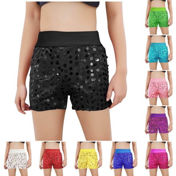 THDHVS Girls' Shorts,Kids Sequin Performance Shorts Stretchy Sparkle Stage,Shorts for Girls Green 5-6 Years