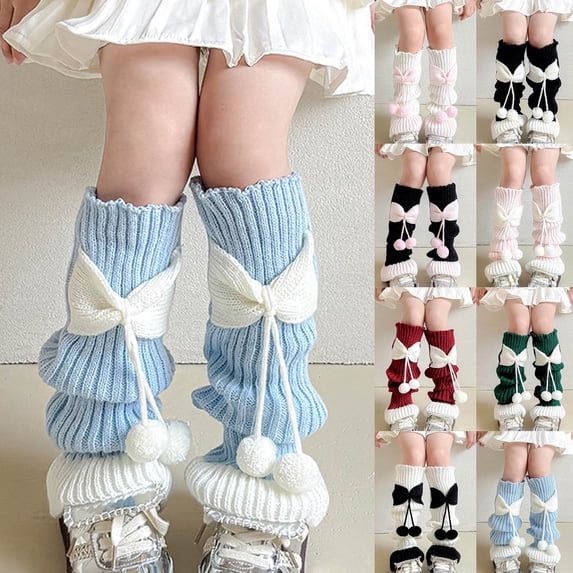 THDHVS Girls Socks,Socks for Girls,Girls Boot Cuffs with Bow and Color Block Knit Sock Topper Style Features Decorative for Fashion and Extra Warmth Cool Weather Green 3-15 Years