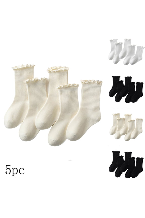 Girls Socks,5 Pairs Girls Mid-Crew Socks with Ruffle and Slouchy Ankle Soft Cute Socks Set Is Suitable for Toddlers To Kids for Daily Fashion Beige M