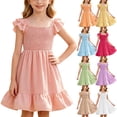 thumbnail image 1 of THDHVS Girls Summer Dress,Girls Solid Smocked Ruffle Tiered Dress Short Sleeve Round Neck Casual Summer,Dresses for Girls 7-8 Years, 1 of 10
