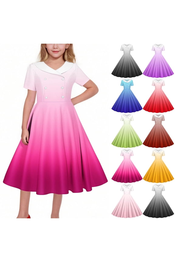 Girls Summer Dress,Gradient Print Lapel Short Sleeve Style Dance Dress Button Waist Design for Teen Girls,Dress for Girls Hot Pink 7-8 Years