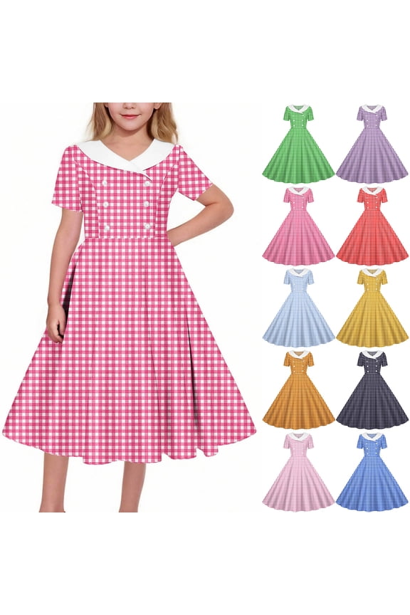 Girls Summer Dress,Plaid Print Lapel Short Sleeve Style Dance Dress with Button Waist for Girls Spring Summer,Dress for Girls Light Blue 5-6 Years