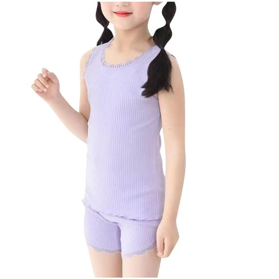 THDHVS Girls Summer Outfits,Kids Casual Sets,Fashion Girl Summer Lace Thread Round Neck Solid Color Short Sleeve Elastic Waisted Underwear Two-Piece Set Purple 3-4 Years