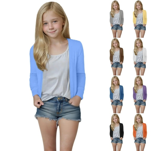 THDHVS Girls Sweaters,Cardigan for Girls,Kids Girls Cardigan Open Front Casual Long Sleeve Fashion Top with Pockets Age 5-14 Years Gray 9-10 Years
