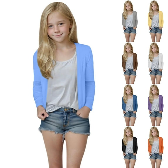 THDHVS Girls Sweaters,Cardigan for Girls,Kids Girls Cardigan Open Front Casual Long Sleeve Fashion Top with Pockets Age 5-14 Years White 7-8 Years