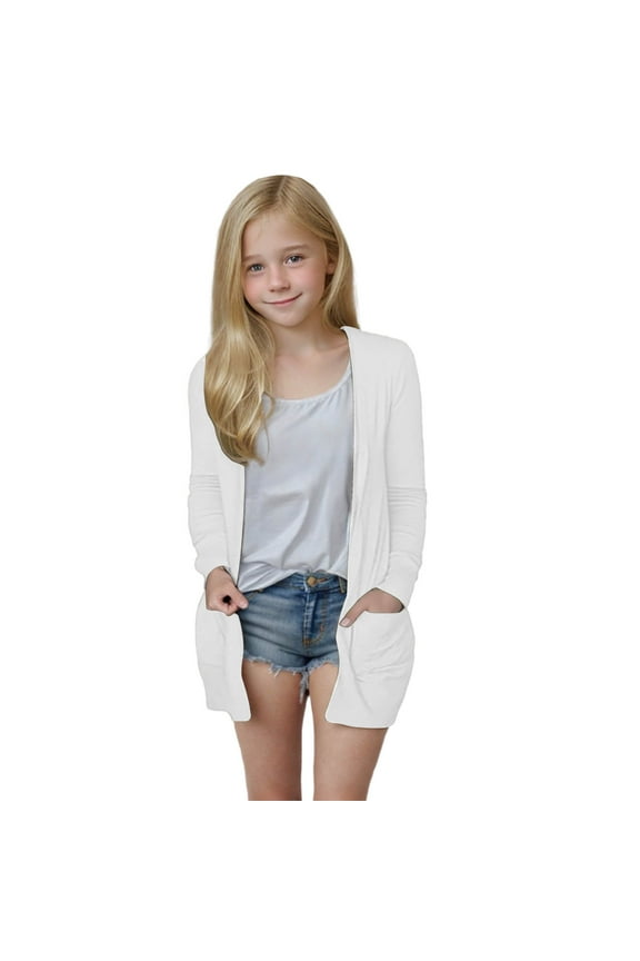 Girls Sweaters,Cardigan for Girls,Lightweight Open Front Shirts with Pockets Kids Girls Casual Soft Jacket White 13-14 Years