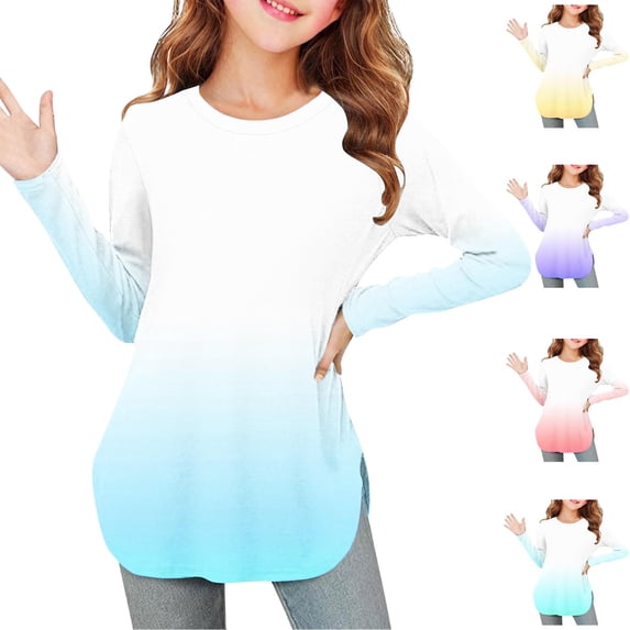 THDHVS Girls Sweatshirt,Girls Long Sleeve Tops,Girls Ombre Long Sleeve Tee with Side Slit Hem Light Blue 7-8 Years