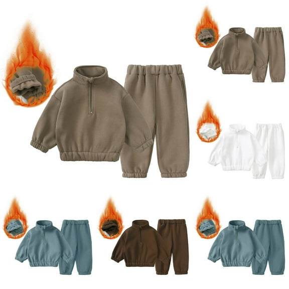 THDHVS Girls Sweatsuit,Toddler Boy Outfits,Kid's Solid Long Sleeve High Collar Neck Boys and Pants Warm Suit Brown 4-5 Years