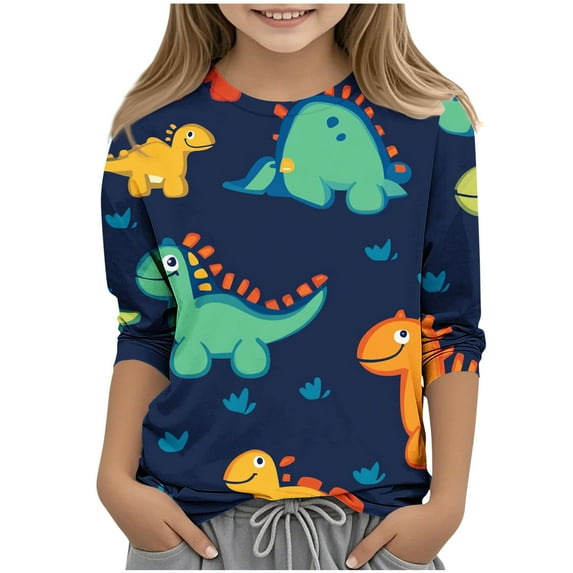 THDHVS Girls Tops 3/4 Sleeve Round Neck T Shirt Casual Dinosaur Print Pullover Baby Teen Clothes Navy 11-12 Years