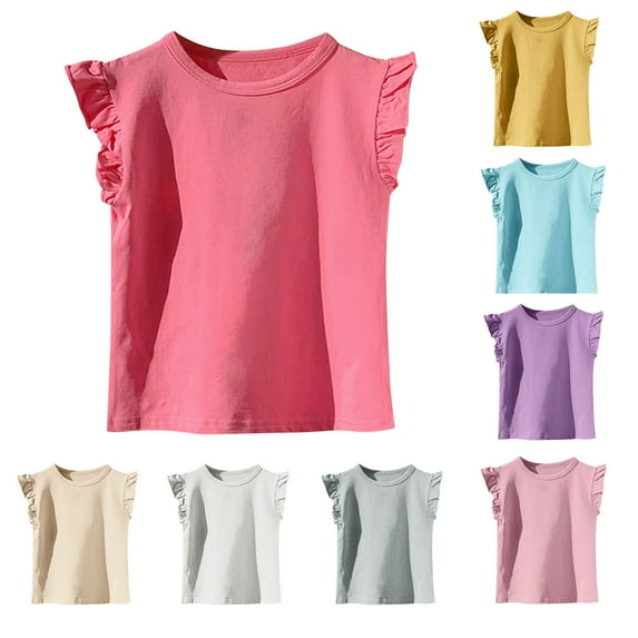 THDHVS Girls Tops, Baby Girl Clothes, Girls T Shirts Ruffle Sleeve Summer Casual Ribbed Knit Crewneck Tee Tops Blouses Yellow 3-4 Years